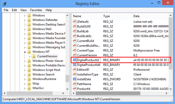 finding regisrty key for windows 10 pro