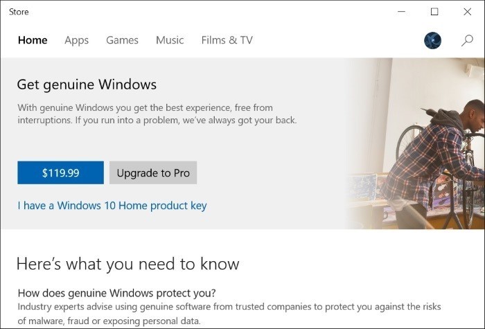 windows store upgrade to windows 10 pro key