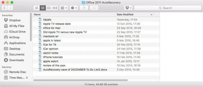 my files are not showing up in autorecovery file for excel mac